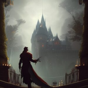 A wizard walking into a castle