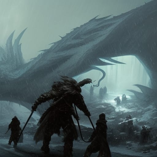 Warriors walking through an ice storm towards a dragon's lair